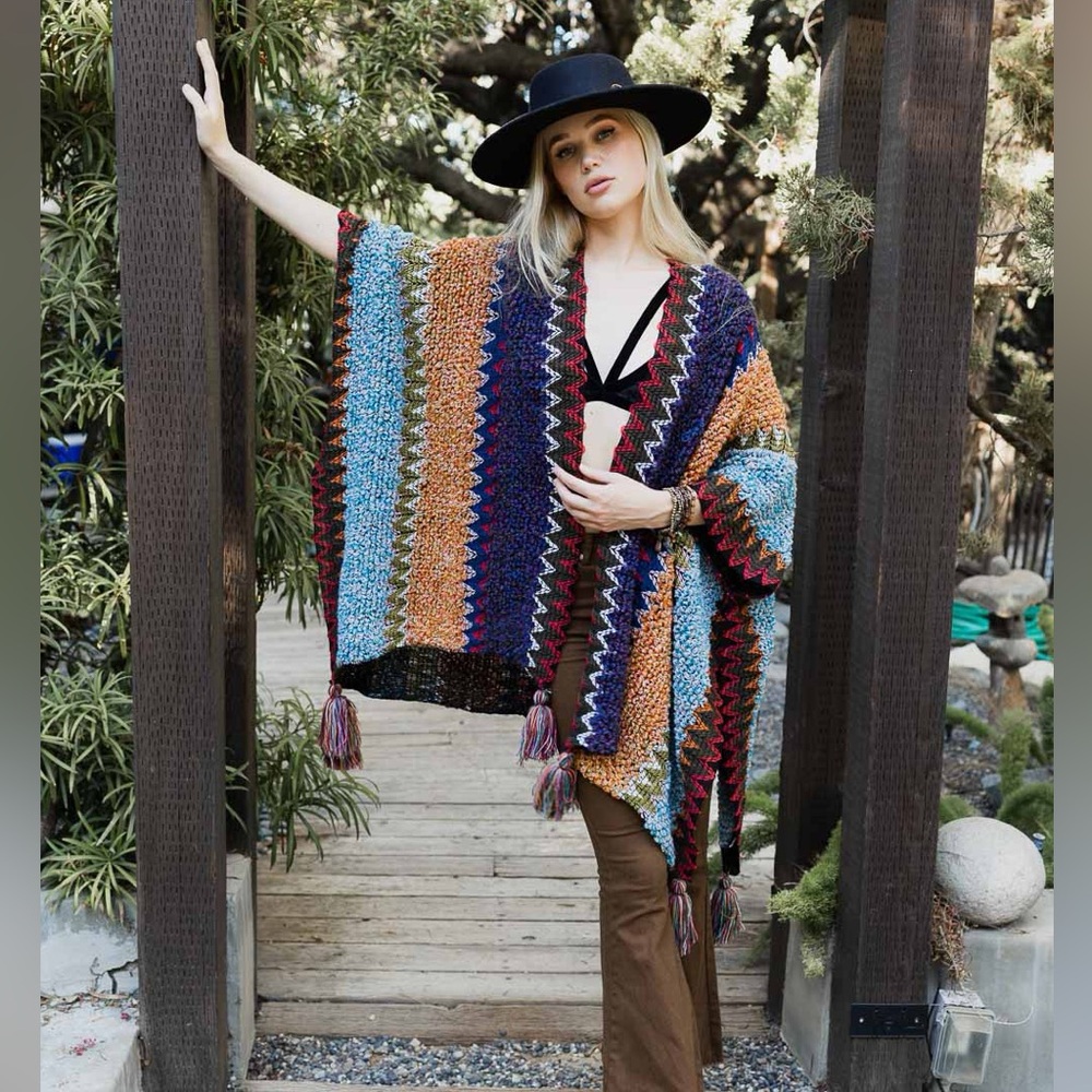Colorful Crochet Patterned Ruana Knit Tassels Indigo Blue NEW
